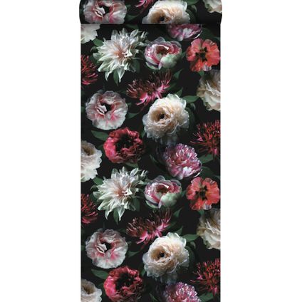 ESTAhome papier peint fleurs rose, noir et vert foncé - 0,53 x 10,05 m - 139168
