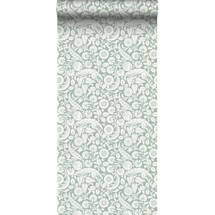 ESTAhome behangpapier bloemmotief vergrijsd groen - 0,53 x 10,05 m - 139329