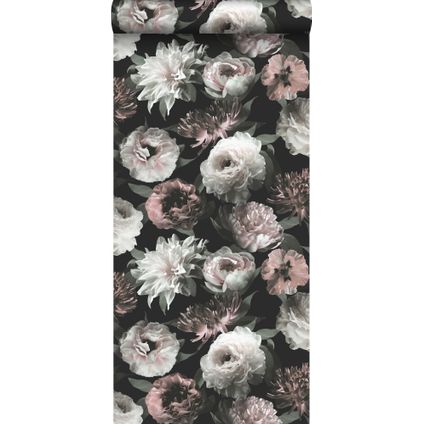 ESTAhome behangpapier bloemen zwart, wit en zacht roze - 0,53 x 10,05 m - 139169