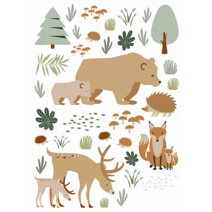 ESTAhome sticker mural forêt avec des animaux de la forêt beige et vert menthe - 47,5 cm x 66 cm
