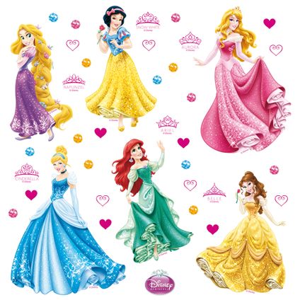 Disney muursticker prinsessen roze, geel en blauw - 30 x 30 cm - 600212