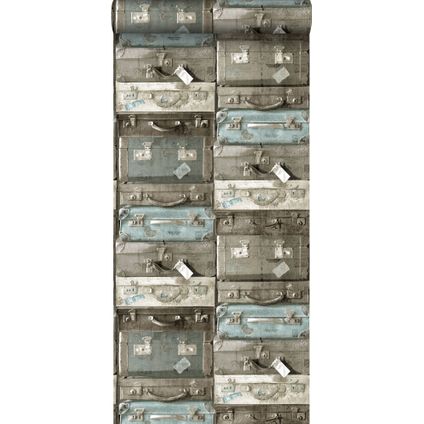ESTAhome behangpapier vintage koffers zeegroen en bruin - 53 cm x 10,05 m - 138214