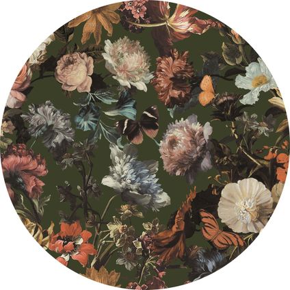 ESTAhome zelfklevende behangcirkel bloemen vergrijsd olijfgroen - Ø 70 cm - 158989