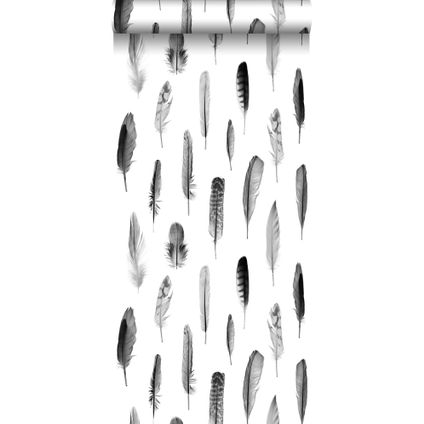 ESTAhome behangpapier veren zwart en mat wit - 53 cm x 10,05 m - 138897