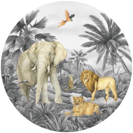 Sanders & Sanders zelfklevende behangcirkel jungle dieren grijs - Ø 70 cm - 601288