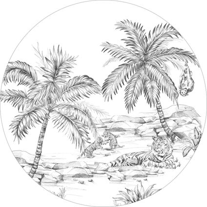 ESTAhome zelfklevende behangcirkel safari pentekening zwart wit - Ø 70 cm - 158980