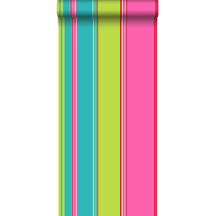 ESTAhome behangpapier strepen limegroen, roze en turquoise - 53 cm x 10,05 m - 115719