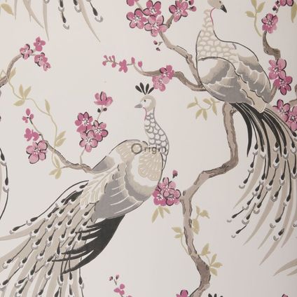 Origin Wallcoverings papier peint oiseaux de paradis taupe et violet aubergine - 52 cm x 10,05 m