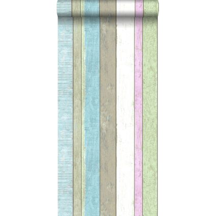 ESTAhome behangpapier houten plankjes lichtgroen en roze - 53 cm x 10,05 m - 138249