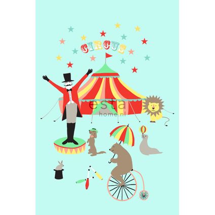 ESTAhome fotobehang circus figuren turquoise, rood, geel, roze, bruin en grijs