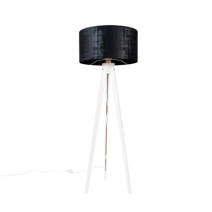 QAZQA Moderne vloerlamp tripod wit met kap zwart velours 50 cm - Tripod Classic