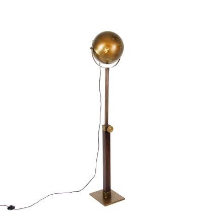 QAZQA Industriële vloerlamp brons met hout verstelbaar - Haicha