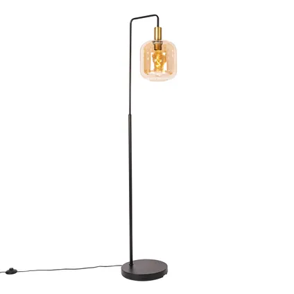 QAZQA Design vloerlamp zwart met messing en amber glas - Zuzanna 2
