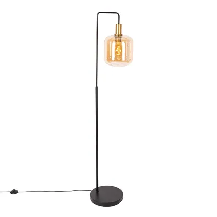 QAZQA Design vloerlamp zwart met messing en amber glas - Zuzanna 10
