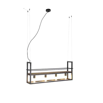 QAZQA Industriële hanglamp zwart met hout en rek 4-lichts - Cage Rack 2