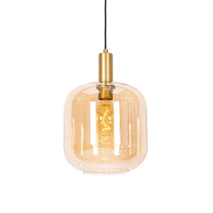 QAZQA Design hanglamp zwart met messing en amber glas - Zuzanna