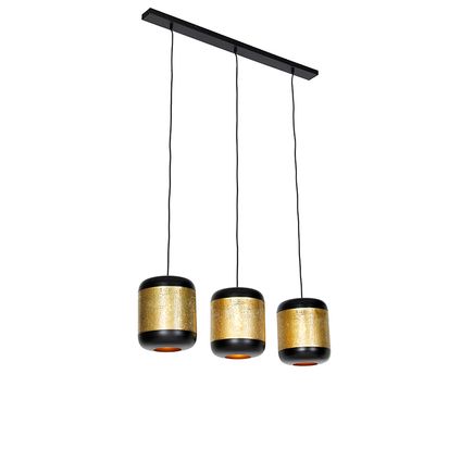 QAZQA Vintage hanglamp zwart met messing langwerpig 3-lichts - Kayleigh