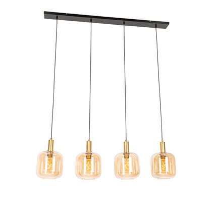 QAZQA Design hanglamp zwart met messing en amber glas 4-lichts - Zuzanna