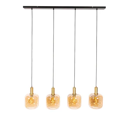 QAZQA Design hanglamp zwart met messing en amber glas 4-lichts - Zuzanna 8