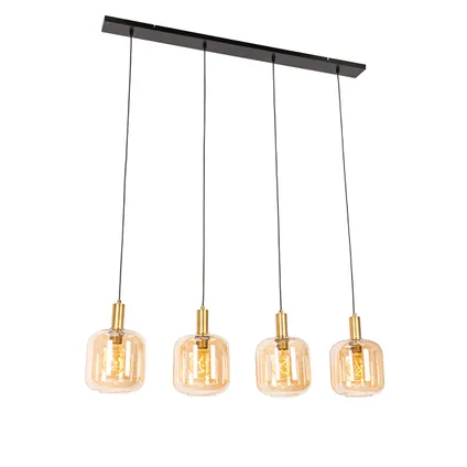 QAZQA Design hanglamp zwart met messing en amber glas 4-lichts - Zuzanna 9