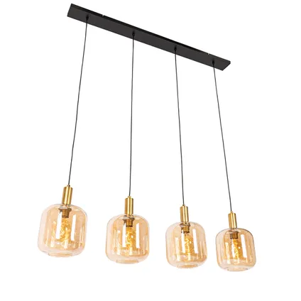 QAZQA Design hanglamp zwart met messing en amber glas 4-lichts - Zuzanna 10