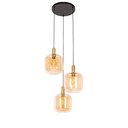QAZQA Design hanglamp zwart met messing en amber glas 3-lichts - Zuzanna