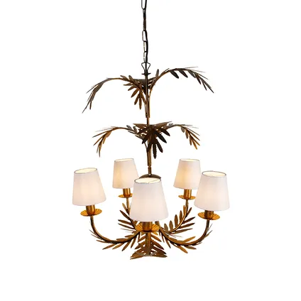 QAZQA Art Deco kroonluchter goud 5-lichts met witte kappen - Botanica 6