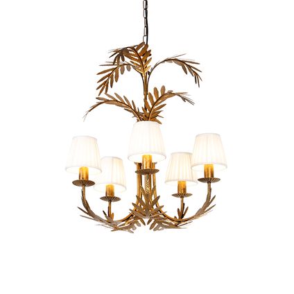 QAZQA Kroonluchter goud met plissé klemkap crème 5-lichts - Botanica