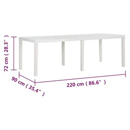 vidaXL Table de jardin 220x90x72 cm PP Blanc 8