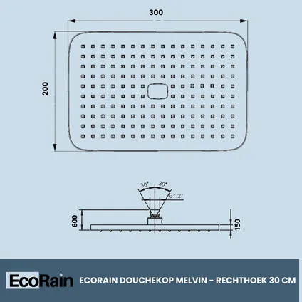 EcoRain Plafond Regendouche Melvin XL 30 cm - Chroom - Waterbesparende regendouche 3