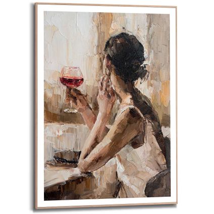 Schilderij Evening Wine Vrouw - Slim Frame 50x70 cm MDF Beige