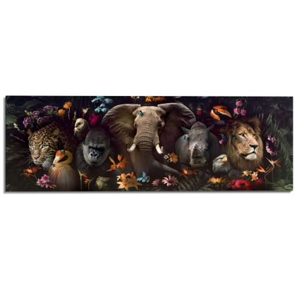 Peinture Jungle Fantasy Animaux - Fleurs - Faune sauvage - Oiseaux Exotiques - Panneau décoratif 156x52 cm Bois Multicolore