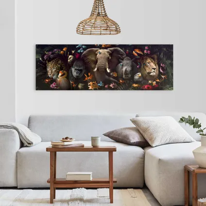 Schilderij Jungle Fantasie Dieren - Bloemen - Wildlife - Exotische Vogels - Deco Panel 156x52 cm Hout Bont 2