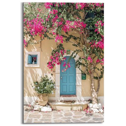 Schilderij Griekenland Kefalonia - huis - vakantie - bloemen - Deco Panel 60x90 cm Hout Bont
