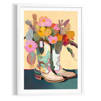 Peinture Flower Boots Fleurs - Bottes de cowboy - Peinture - Art Frame 50x70 cm MDF Multicolore