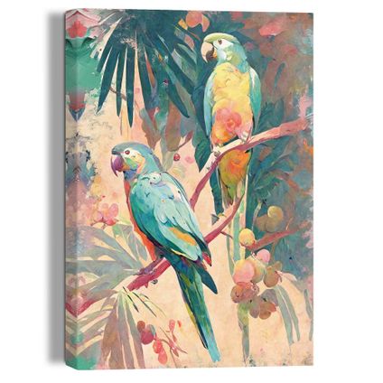 Schilderij Papagaaien op tak Kleurrijk - Artprint - Canvas 20x30 cm Canvas Bont