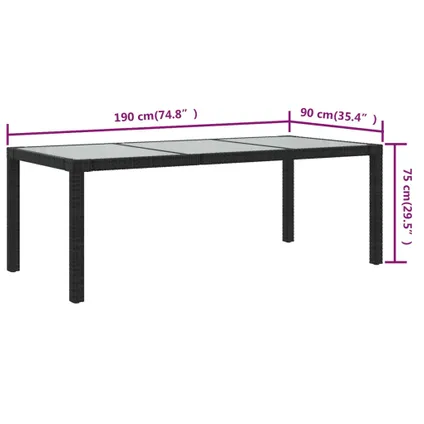 vidaXL Table de jardin Noir 190x90x75 cm Verre trempé/résine 5