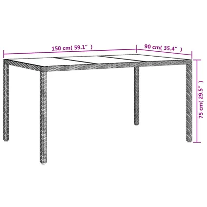 vidaXL Table de jardin 150x90x75cm Verre trempé et résine tressée 6