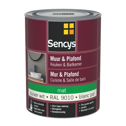 Sencys muur- en plafondverf keuken & badkamer RAL9010 mat 1L