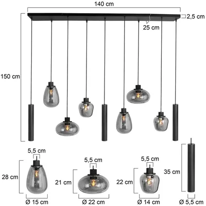 Steinhauer hanglamp reflexion L 140cm B 25cm 9 lichts 3796 zwart 10
