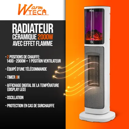 Radiateur céramique 2000W avec effet flamme - Warm Tech 2