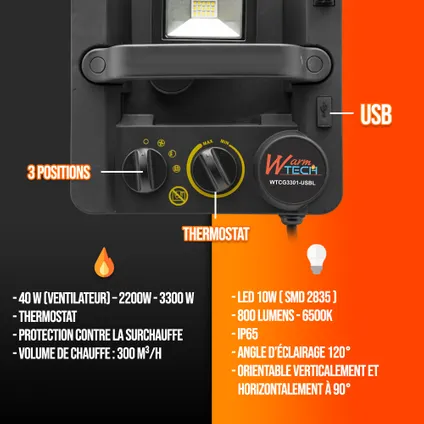 Chauffage d'atelier 3000W + USB + éclairage led - Warmtech 3