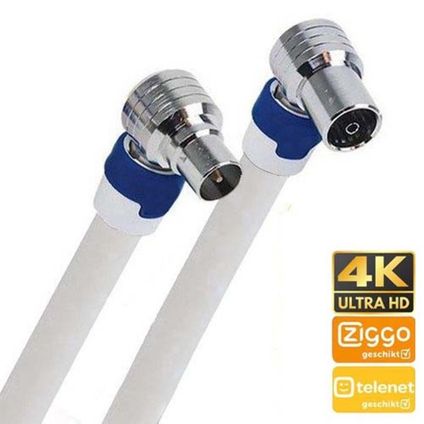 Câble coaxial compatible avec Telenet 20m Blanc Prises (m) et (f) coudées