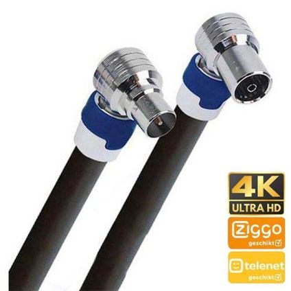Coax kabel geschikt voor Ziggo - 1,5 meter - Zwart - M/F Haaks