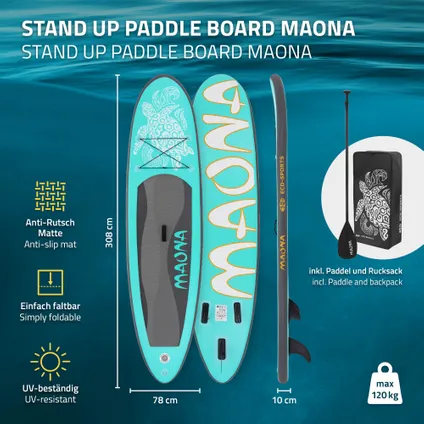 Stand Up Paddle Surfboard 308 x 76 x 10 cm Turquoise Maona 2