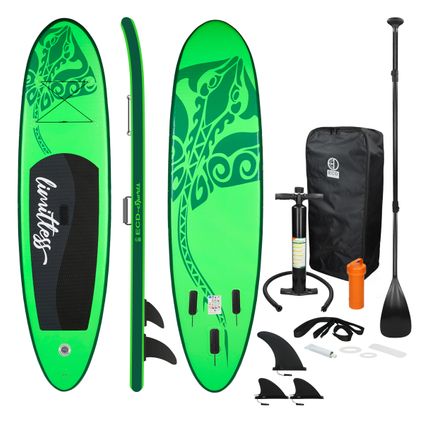 Opblaasbare Stand Up Paddle Board Limitless, 308 x 76 x 10 cm, groen, incl. pomp en draagtas
