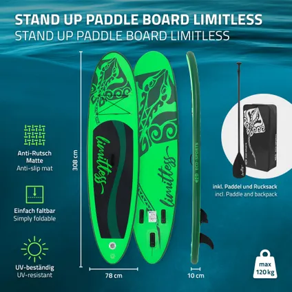 Opblaasbare Stand Up Paddle Board Limitless, 308 x 76 x 10 cm, groen, incl. pomp en draagtas 2