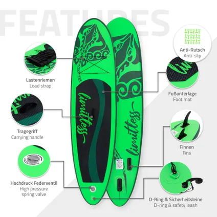 Stand up paddle board gonflable Limitless vert pompe á air pagaie 120kg 308cm 3