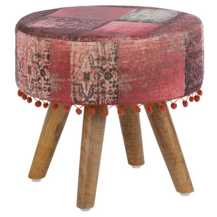 Tabouret rouge bois 38 x 36 cm répose-pieds en tissu ottomane pour intérieur
