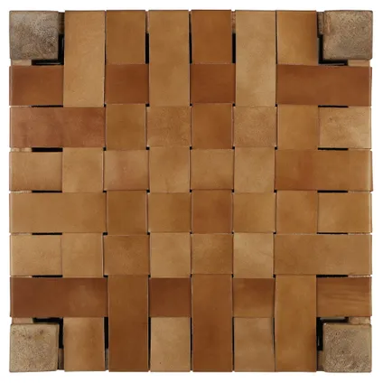 Petit tabouret en cuir véritable tressé et bois massif chaise marron 45x45x45 cm 2